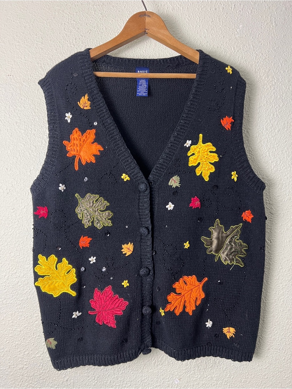 Vtg Fall Leaves Basic Editions Cardigan Sweater Vest Button Front Embellished L